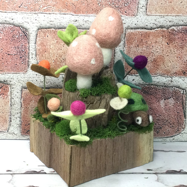 2 Salmon Mushrooms & Turtle on 2-Tier Natural Tree Stump