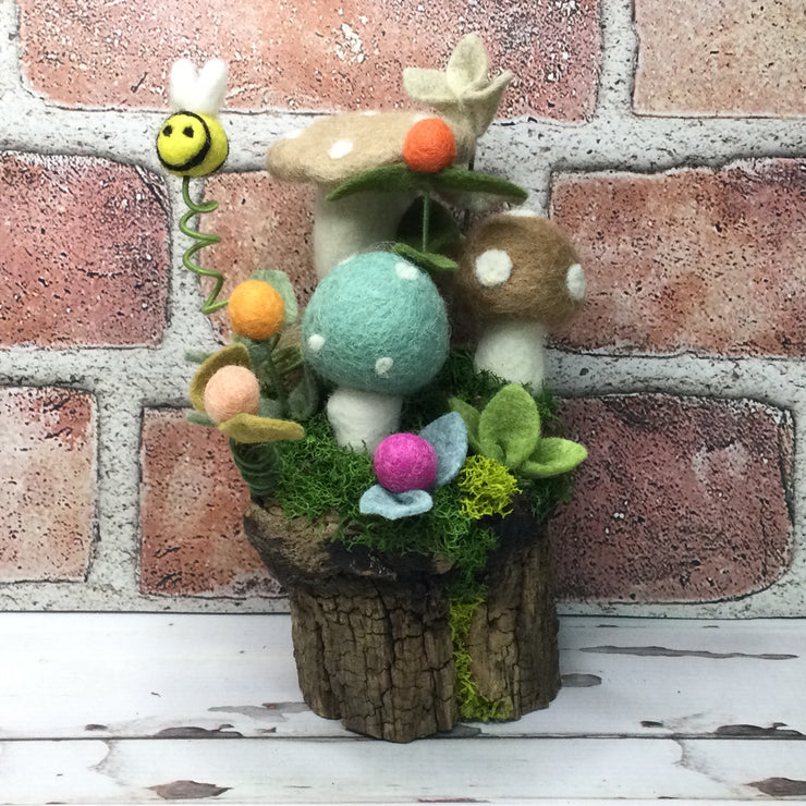 3 Mushrooms & Bee on Natural Tree Stump