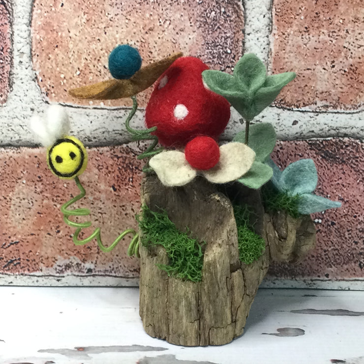 Red Wooly Mushrooms with Bee on Natural Tree Stump