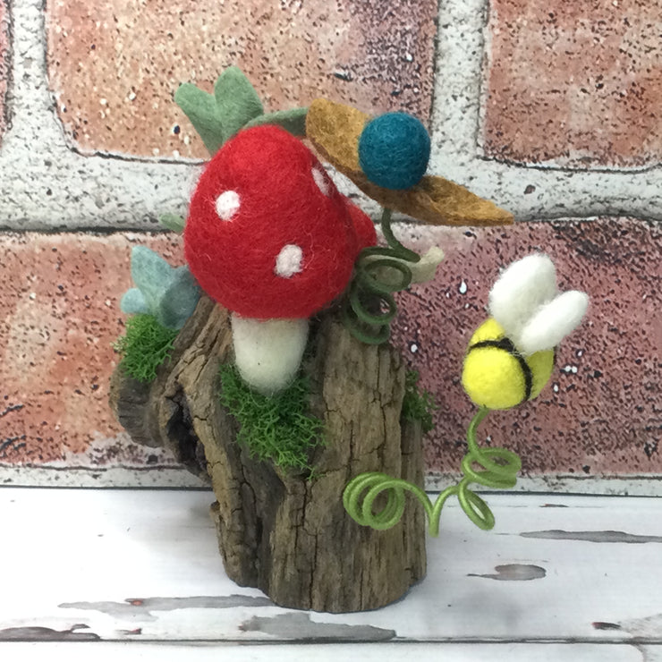 Red Wooly Mushrooms with Bee on Natural Tree Stump