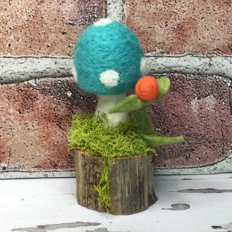 Solo Robin's Egg Blue Mushroom & Bud on Natural Tree Stump