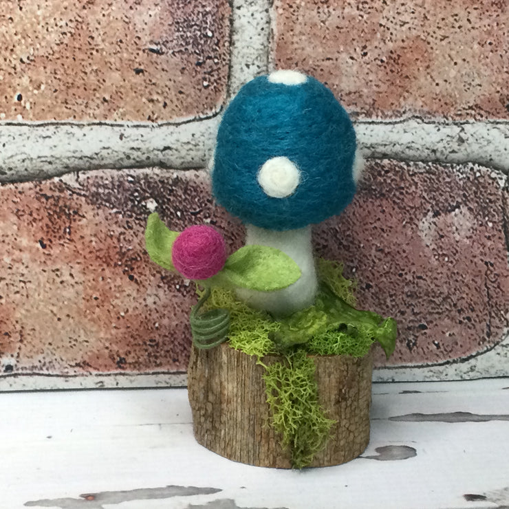 Solo Teal Mushroom & Flora on Natural Tree Stump