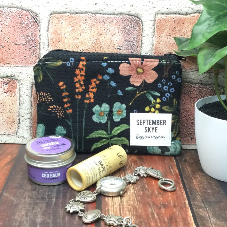 Black Soft Florals/Mini Cotton Zip Bag by September Skye