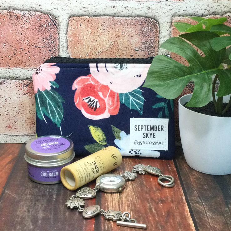 Navy Bright Florals/Mini Cotton Zip Bag by September Skye