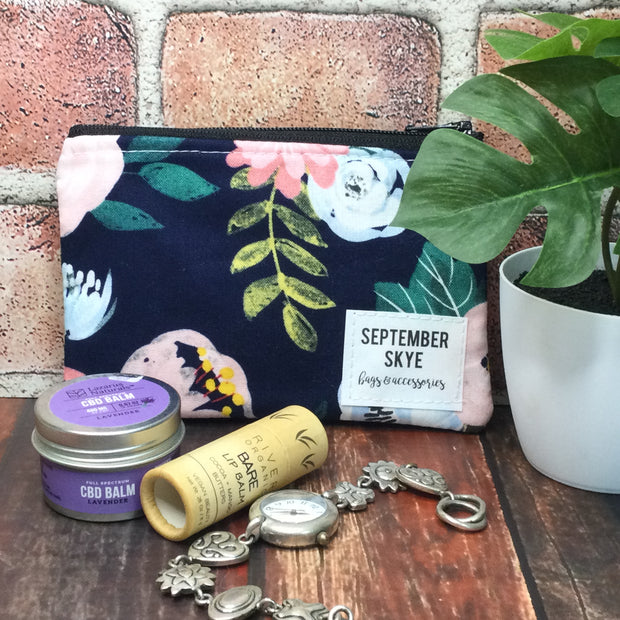Navy Bright Florals/Mini Cotton Zip Bag by September Skye