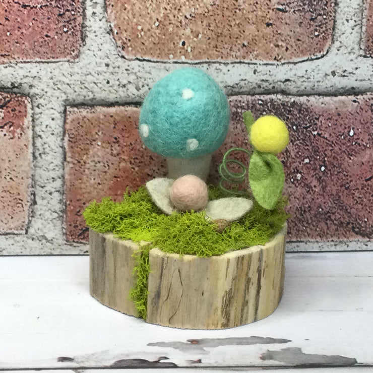 Aqua Wooly Mushroom with Buds on Natural Tree Stump