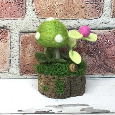 Citrus Green Wooly Mushroom with Buds on Natural Tree Stump