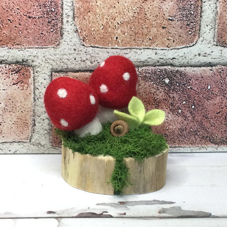 2 Red Wooly Mushrooms & Bud on Natural Tree Stump