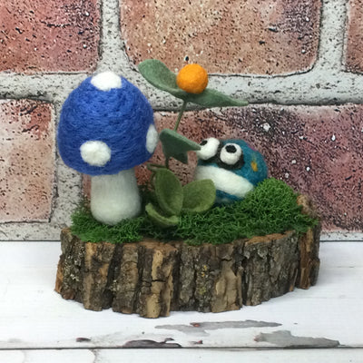 French Blue Wooly Mushroom with Froggy & Buds on Natural Tree Stump