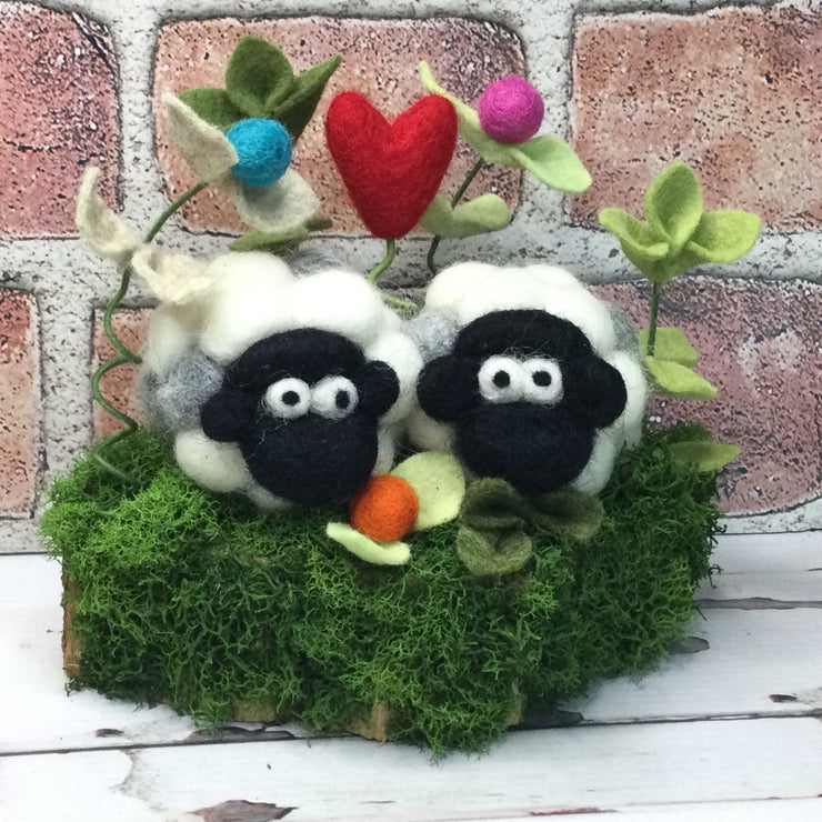 2 Sheep & Heart on Natural Tree Stump