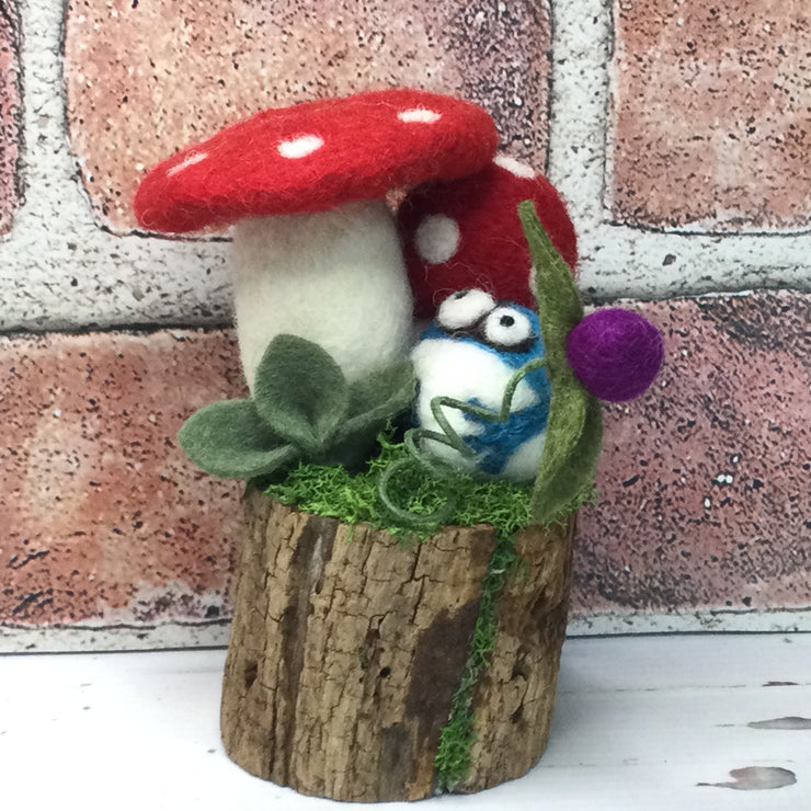 2 Red Wooly Mushrooms, Froggy & Buds on Natural Tree Stump