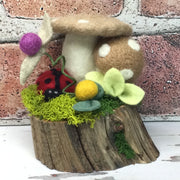 2 Burlap Wooly Mushrooms, LadyBug & Buds on Natural Tree Stump