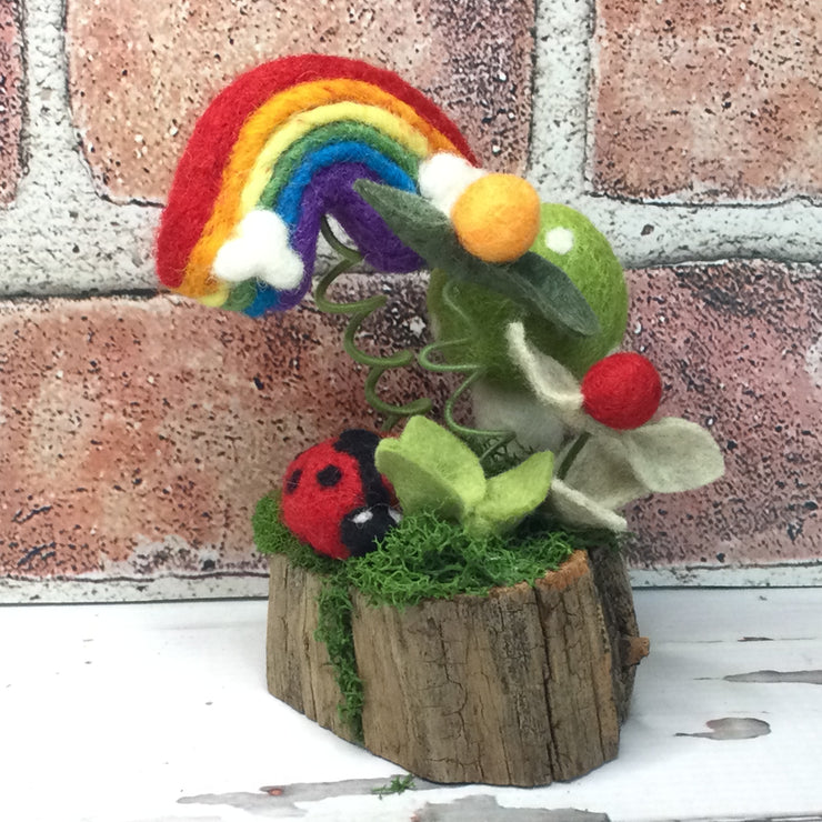 Lime Wooly Mushroom, LadyBug, Rainbow & Buds on Natural Tree Stump