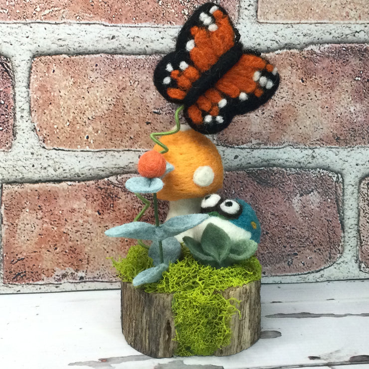 Cantaloupe Wooly Mushroom, Butterfly, Froggy, & Buds on Natural Tree Stump