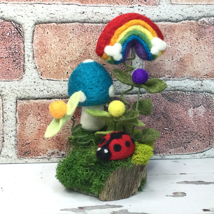 Teal Wooly Mushroom, Rainbow, LadyBug & Buds on Natural Tree Stump