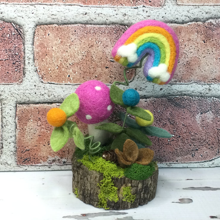 BubbleGum Wooly Mushroom, Rainbow & Buds on Natural Tree Stump