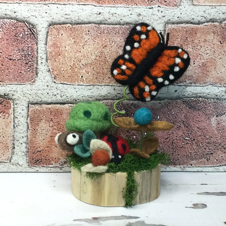 Wooly Turtle, Butterfly, LadyBug & Buds on Natural Tree Stump