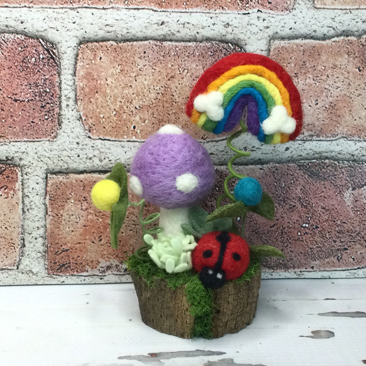 Lavender Wooly Mushroom, Rainbow, LadyBug & Buds on Natural Tree Stump