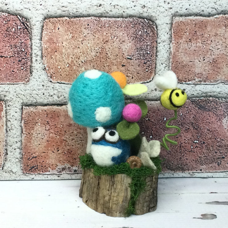 Robin's Egg Blue Wooly Mushroom, Froggy, Bee & Buds on Natural Tree Stump