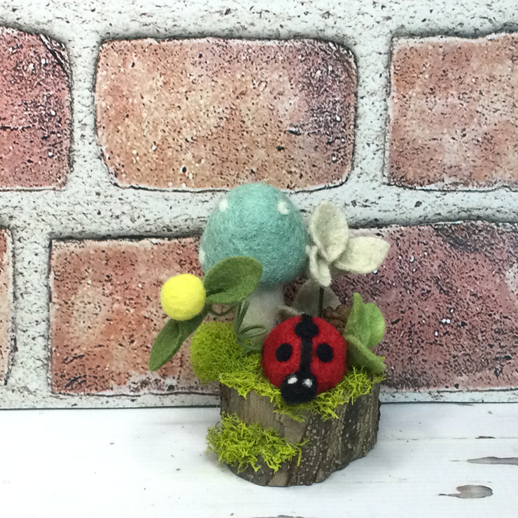 Seaglass Wooly Mushroom, LadyBug & Buds on Natural Tree Stump