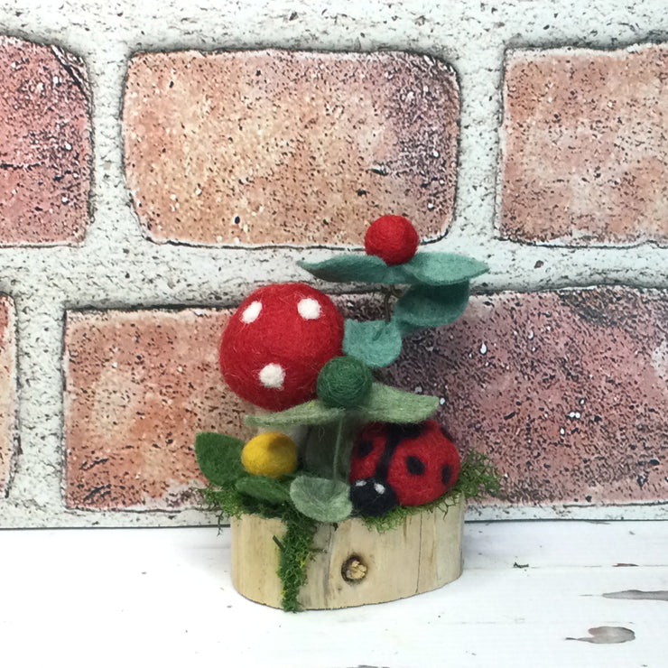 Red Wooly Mushroom, LadyBug & Buds on Natural Tree Stump