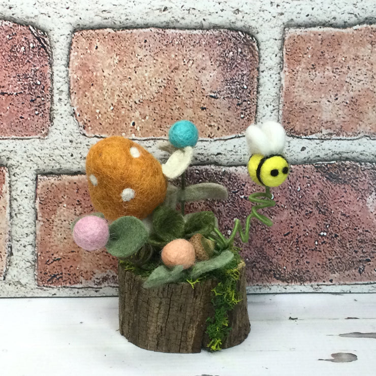 Ochre Wooly Mushroom, Bee & Buds on Natural Tree Stump