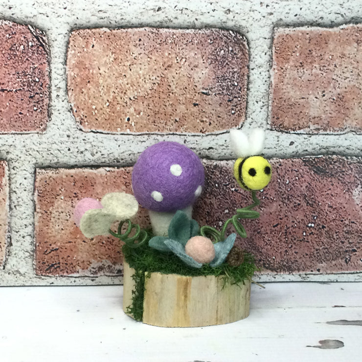 Lavender Wooly Mushroom, Bee & Buds on Natural Tree Stump