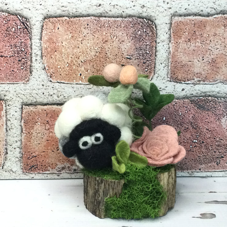 Wooly Sheep & Buds on Natural Tree Stump