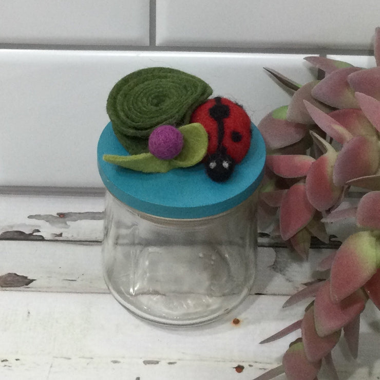 Wooly LadyBug on Mermaid Blue Stash-it Jar