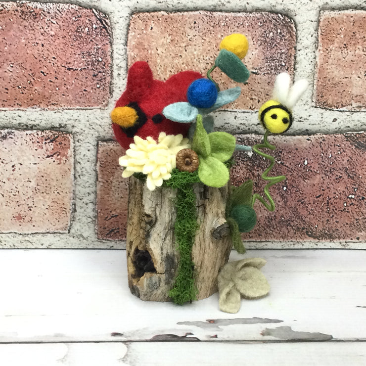 Wooly Cardinal, Bee & Flora/On Natural Tree Stump