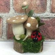 2 Burlap Wooly Mushrooms, LadyBug & Buds on Natural Tree Stump