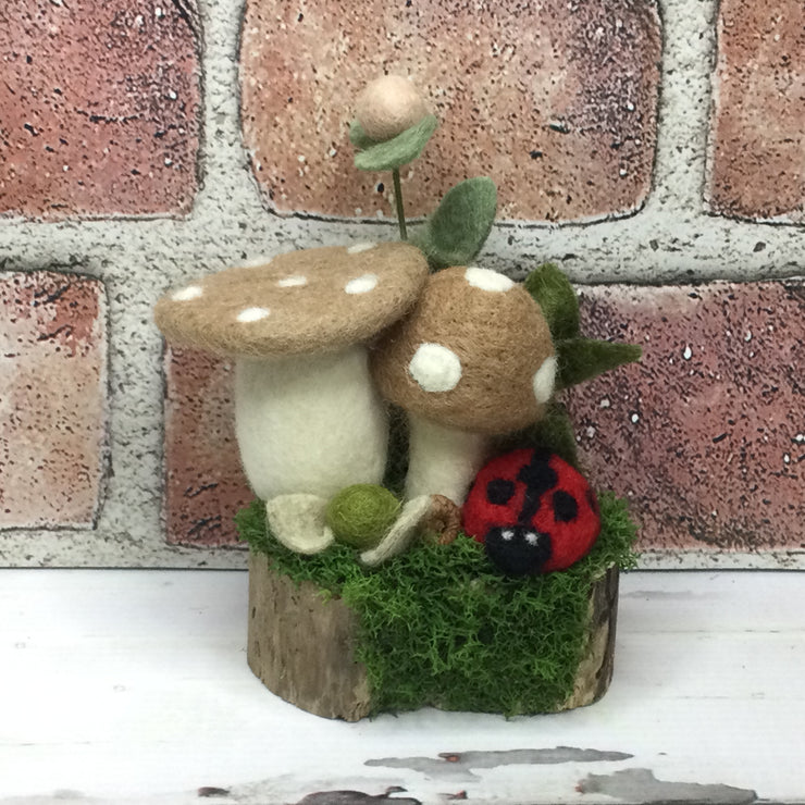 2 Burlap Wooly Mushrooms, LadyBug & Buds on Natural Tree Stump