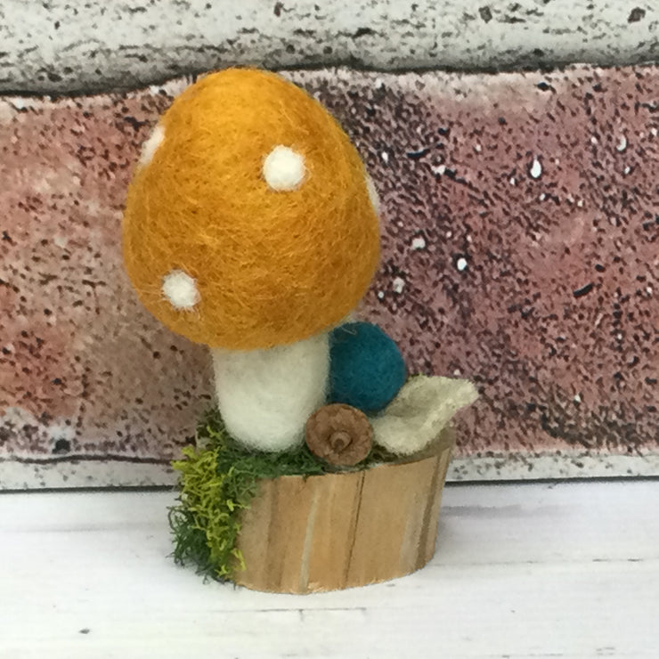 Solo Warm Gold Mushroom & Flora on Natural Tree Stump