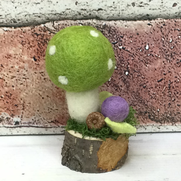 Solo Lime Green Mushroom & Flora on Natural Tree Stump