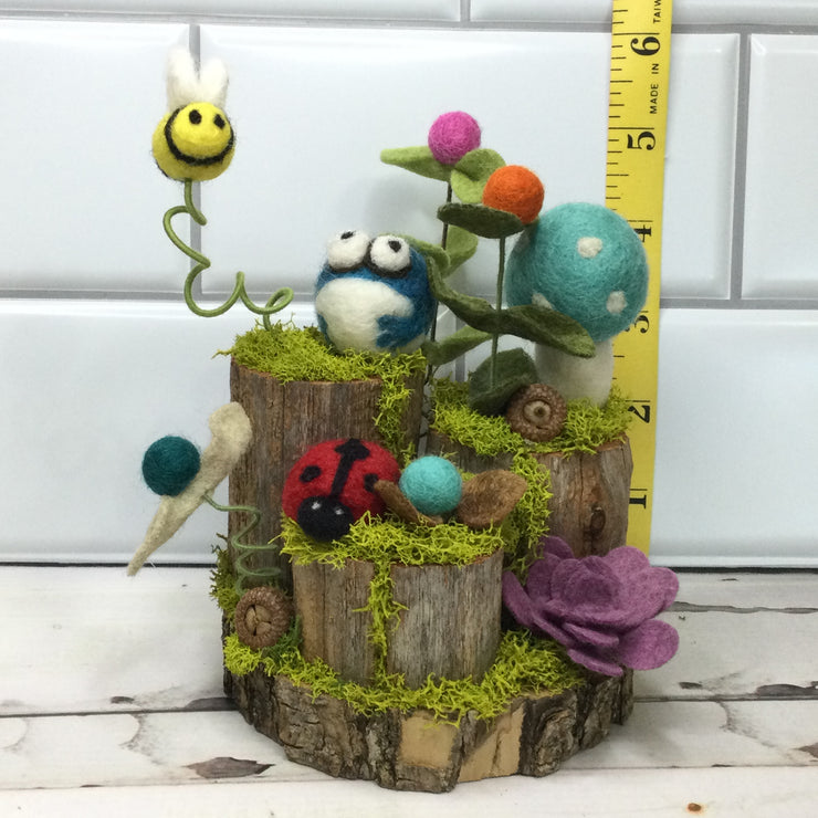 Aqua Wooly Mushroom, Froggy, LadyBug & Buds on Natural Tree Stump