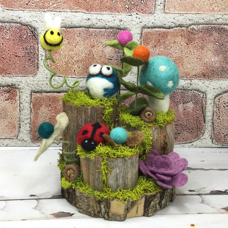 Aqua Wooly Mushroom, Froggy, LadyBug & Buds on Natural Tree Stump