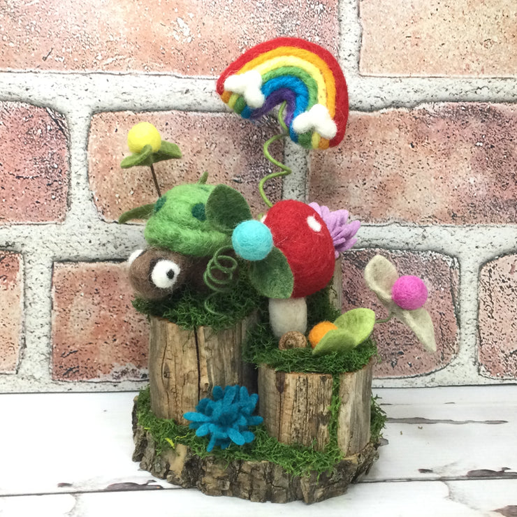 Red Wooly Mushroom, Turtle, Rainbow & Buds on Natural Tree Stump