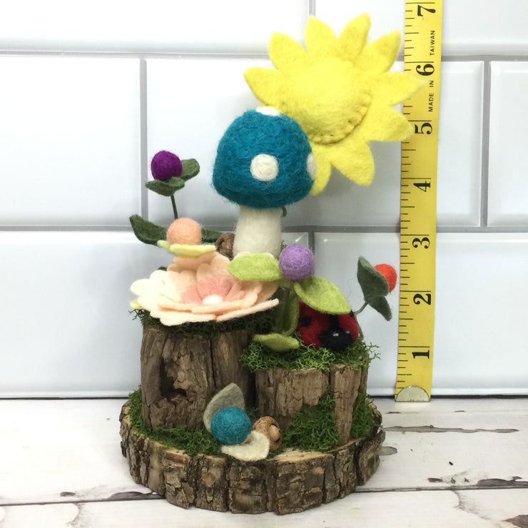 Teal Wooly Mushroom, LadyBug & Buds on Natural Tree Stump