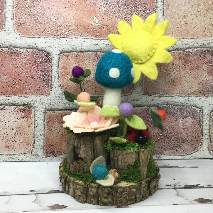 Teal Wooly Mushroom, LadyBug & Buds on Natural Tree Stump