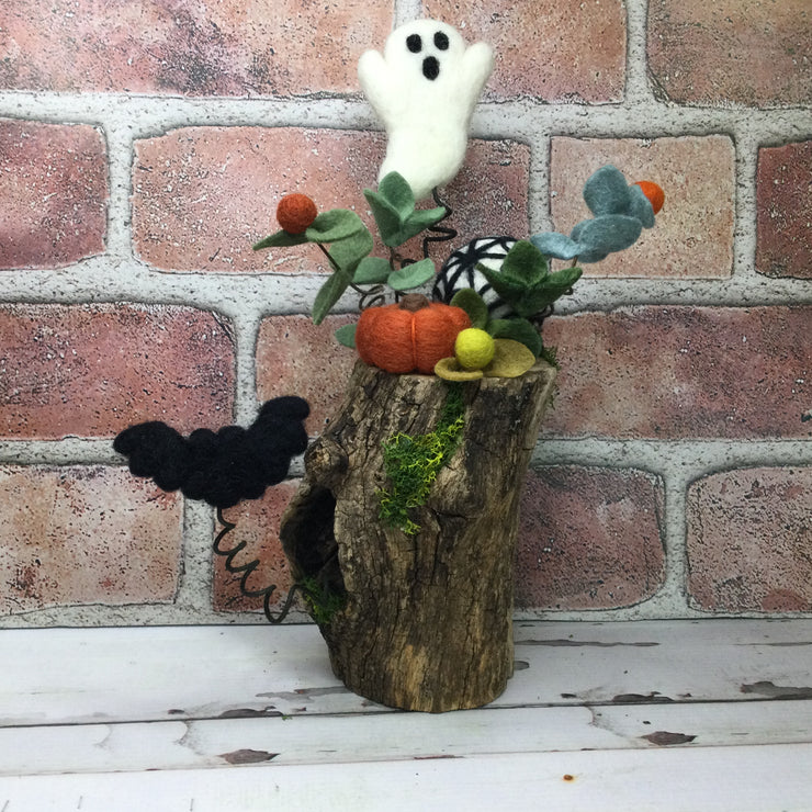 Wooly Ghost, Spiderweb, Pumpkin & Bat on Natural Tree Stump