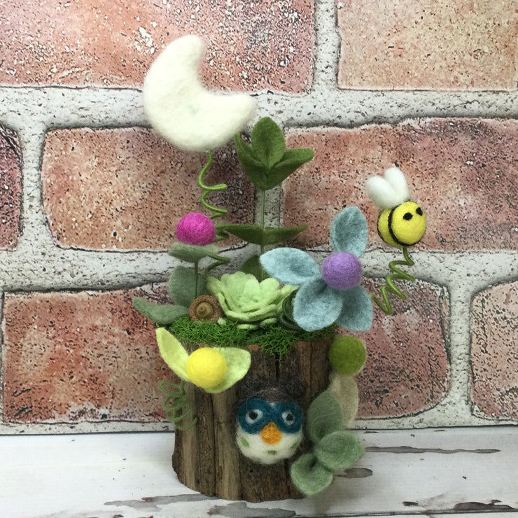 Wooly Owl, Bee & Moon on Natural Tree Stump