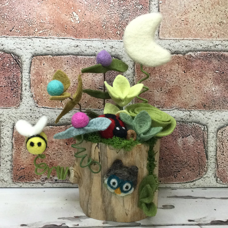 Wooly Owl, LadyBug, Bee & Moon on Natural Tree Stump