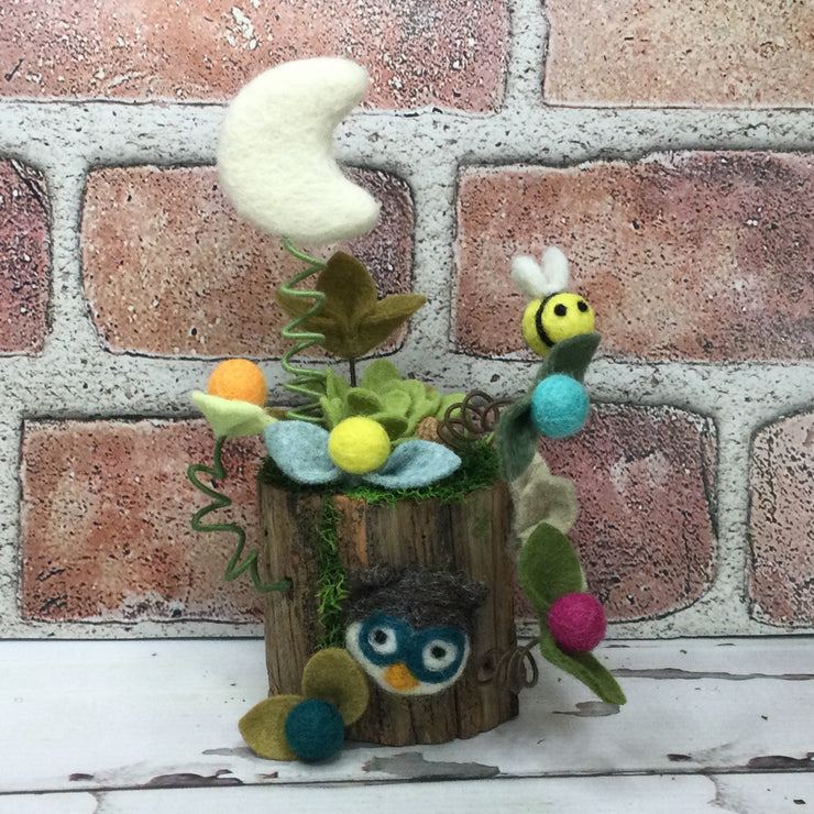 Wooly Owl, Bee & Moon on Natural Tree Stump