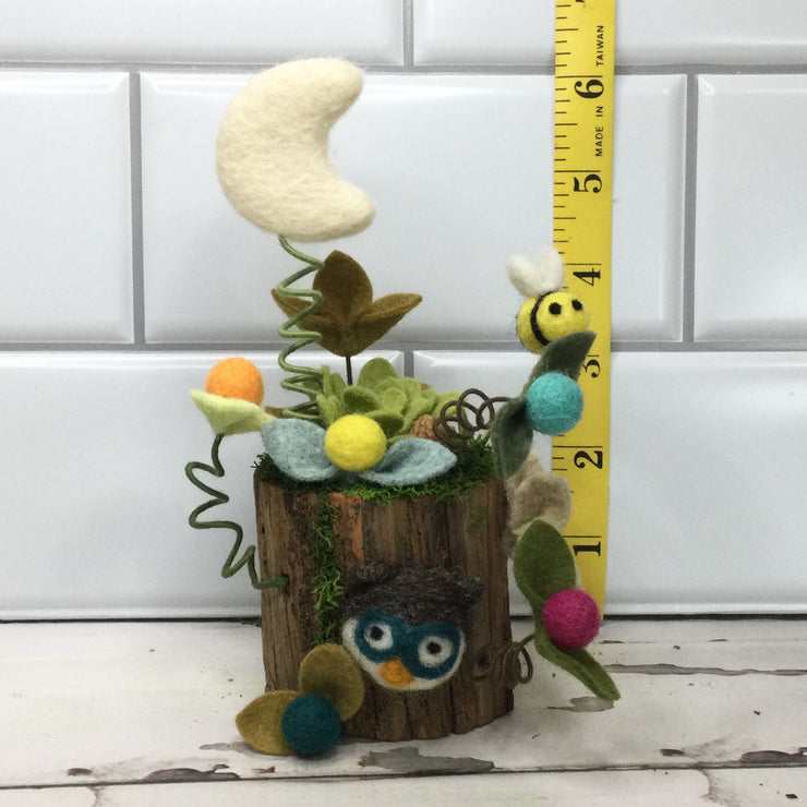 Wooly Owl, Bee & Moon on Natural Tree Stump