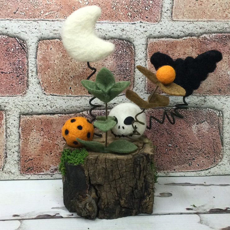 Wooly Skully, Moon & Bat on Natural Tree Stump/Halloween