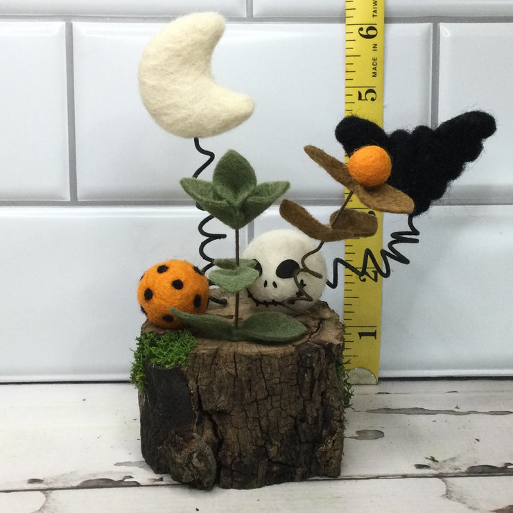 Wooly Skully, Moon & Bat on Natural Tree Stump/Halloween