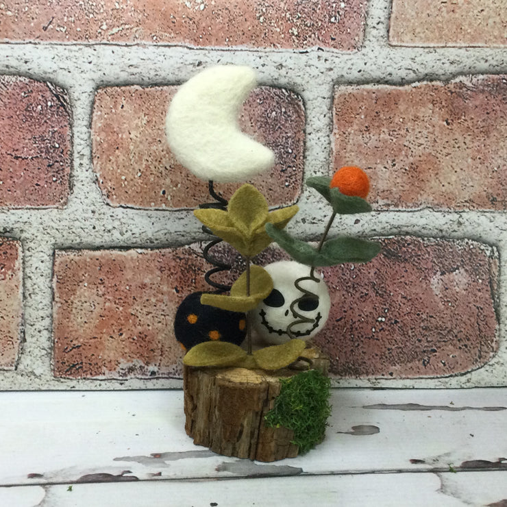 Wooly Skully & Moon on Natural Tree Stump/Halloween