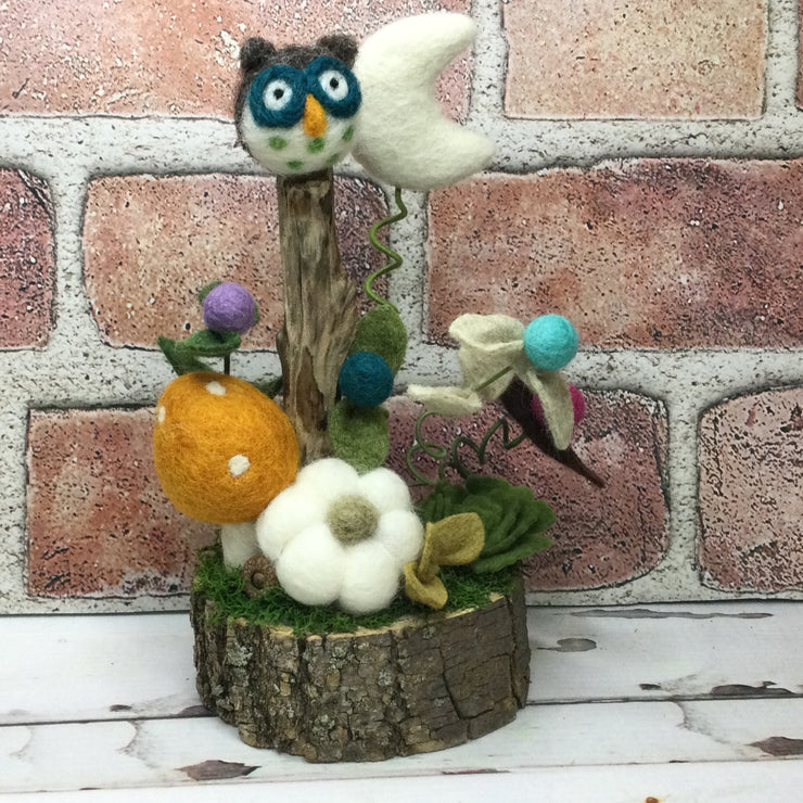 Wooly Owl, Pumpkin, Mushroom & Moon on Natural Tree Stump