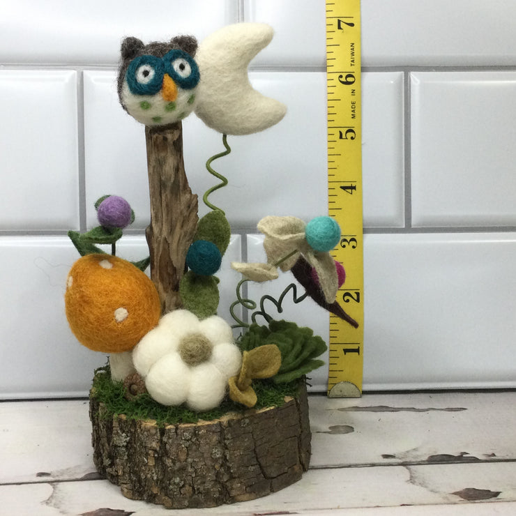 Wooly Owl, Pumpkin, Mushroom & Moon on Natural Tree Stump