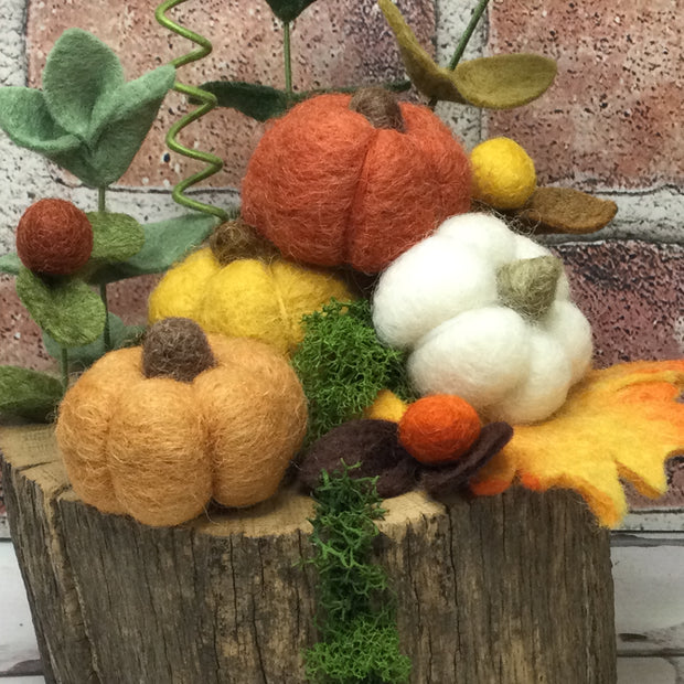 Autumn Pumpkins, Moon & Flora on Natural Tree Stump